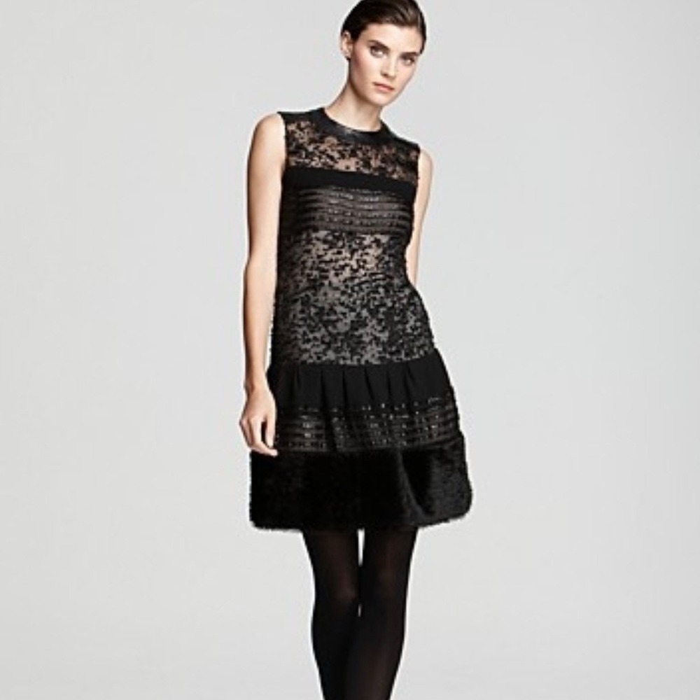 Diane von Furstenberg Cocktail Dress Womens 4 Black Leather Trim Fringe